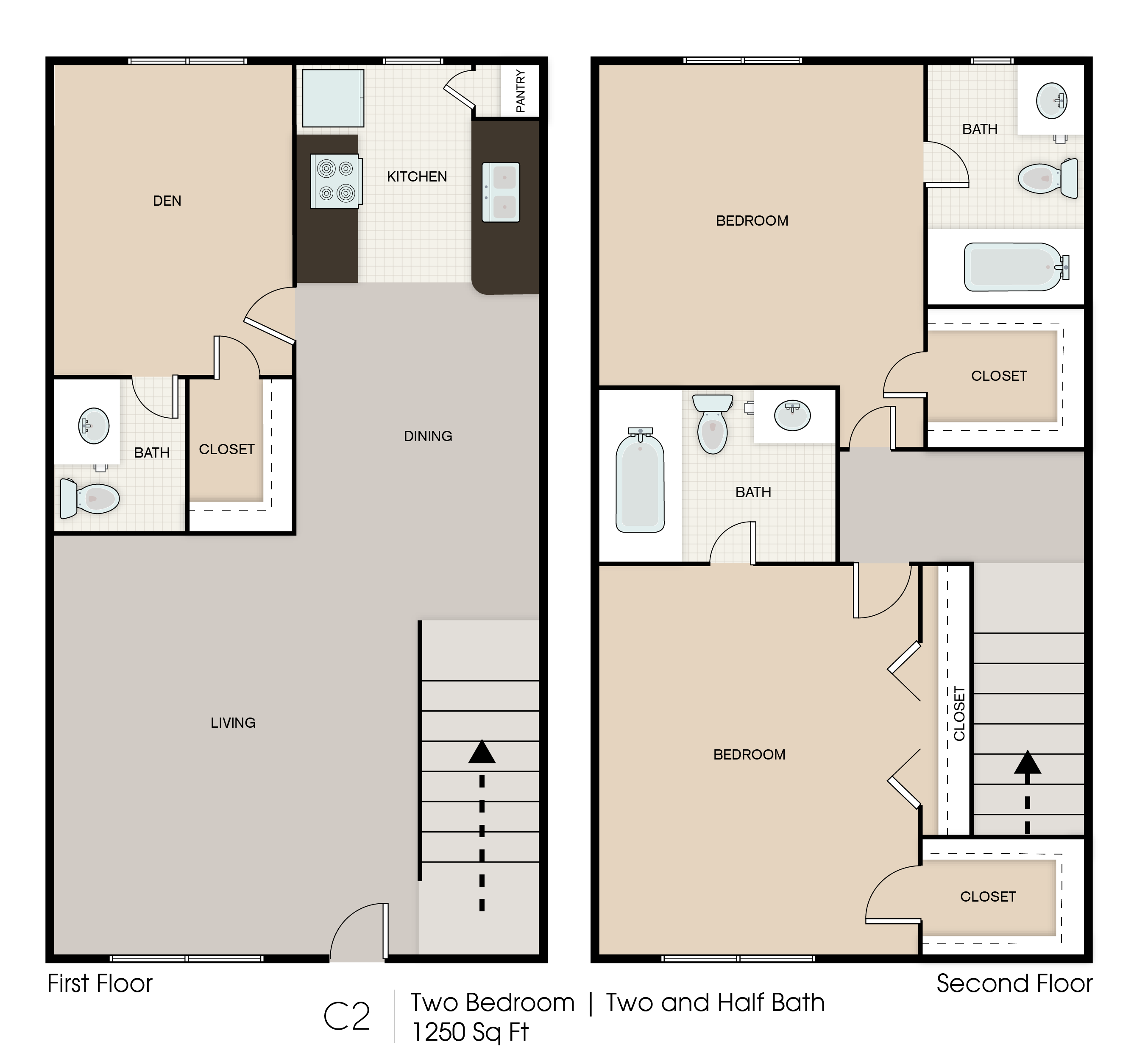 Floor plan for 2 beds, 2.5 baths, 1250 sqft